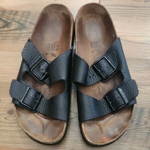 Birkenstock Betula Arizona Textured Soft‎ Leather Black Buckle Slide Footbed 40
